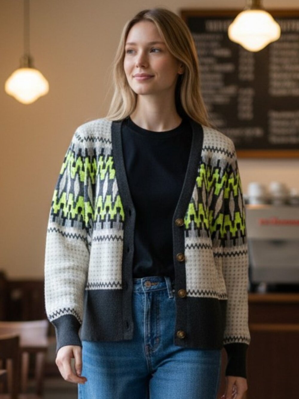 WISPR by Brodie Neon Fair Isle V-Neck Cardigan Geometric Knit Gray Cream Medium